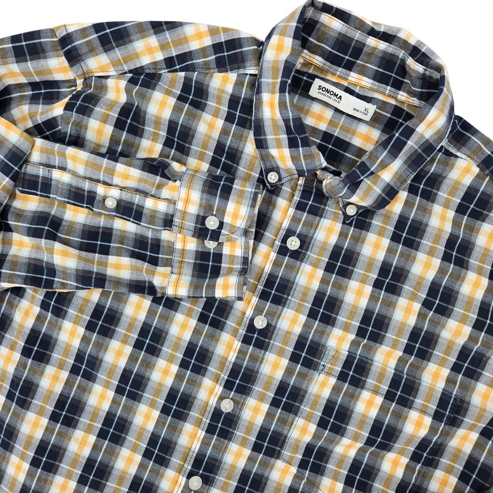 Sonoma Mens XL Plaid Button Down Shirt Navy Yellow Classic Preppy